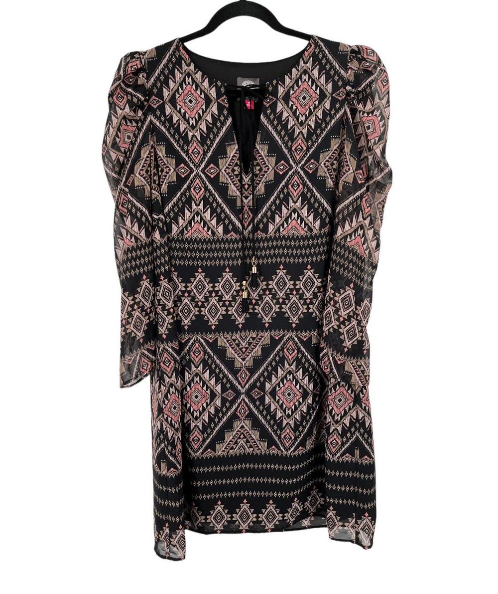 Vince Camuto dress long sleeve tie front printed black size 10